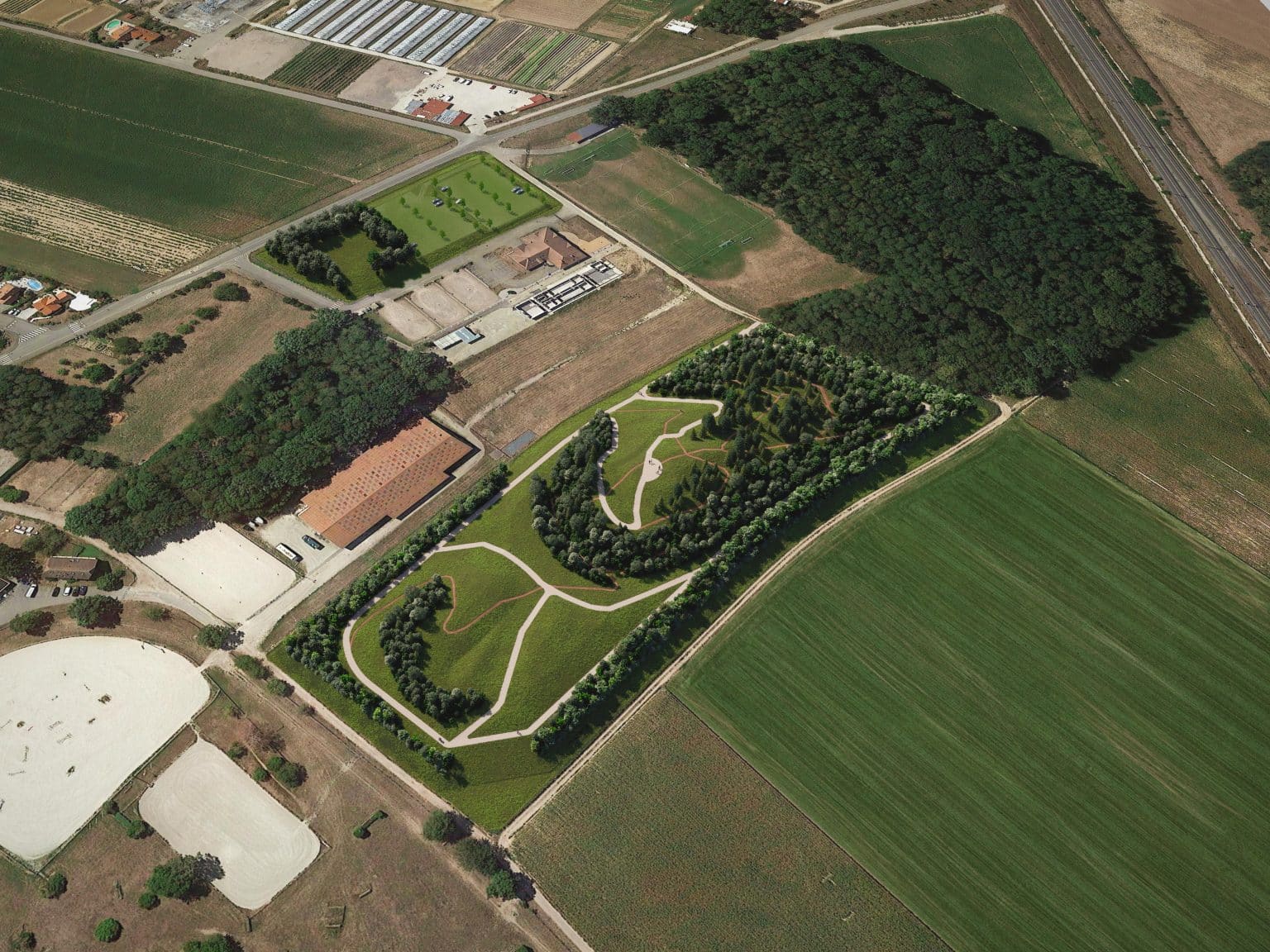 Vue de l'insertion paysagère aérienne du projet d'Eckwersheim avec les nouveaux espaces sportifs